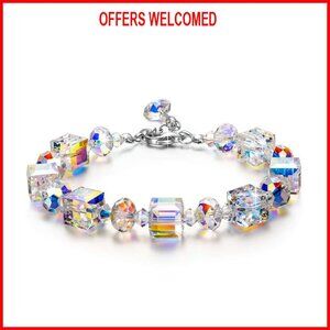 Sterling Silver Crystal Bracelet 7"+2" Extension, Gift Box